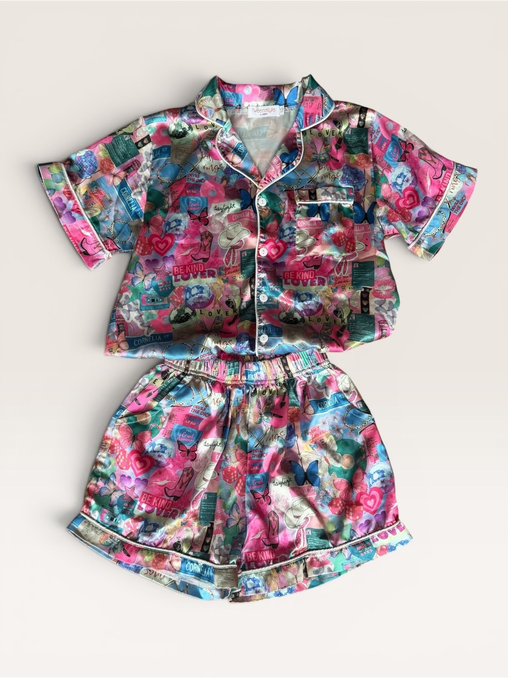 Kids Satin Taylor Swift Two-Piece Pajama Set - Pink Multi